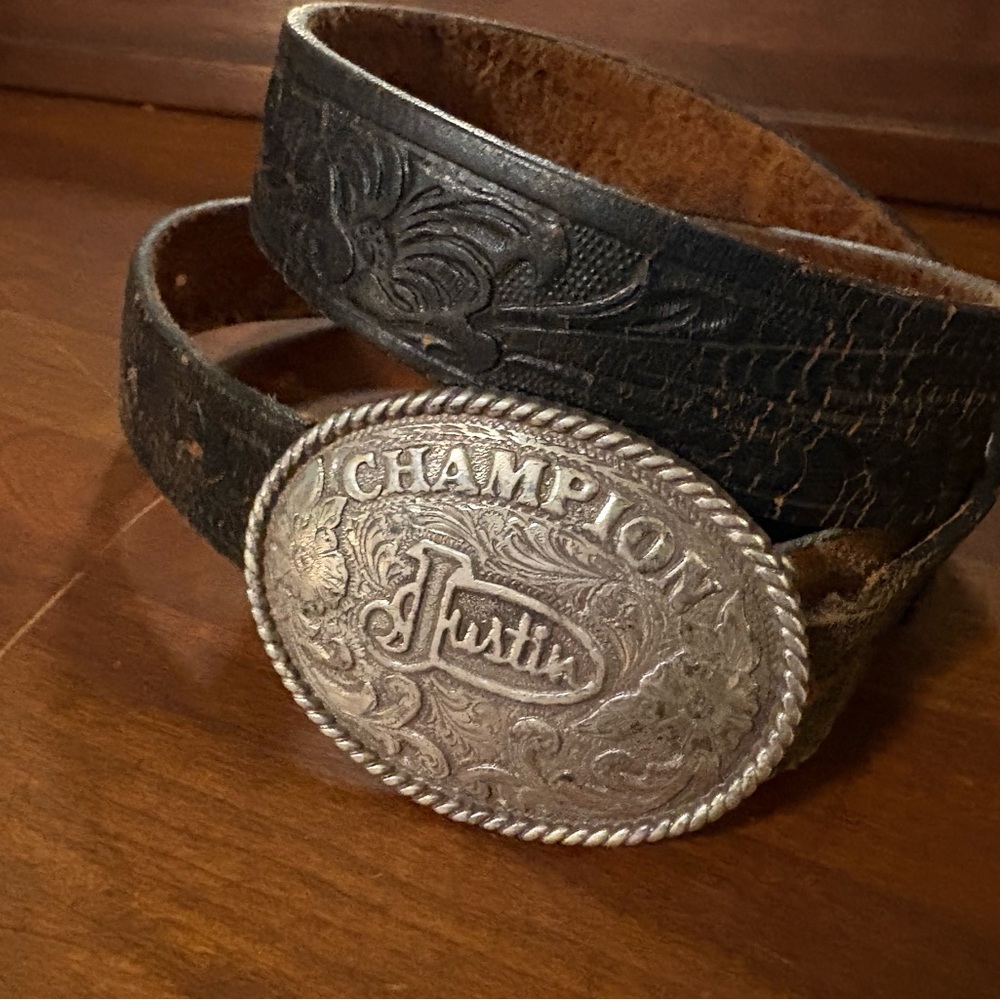 Vintage Justin Boots Black Leather Belt with Ornate Silver Buckle